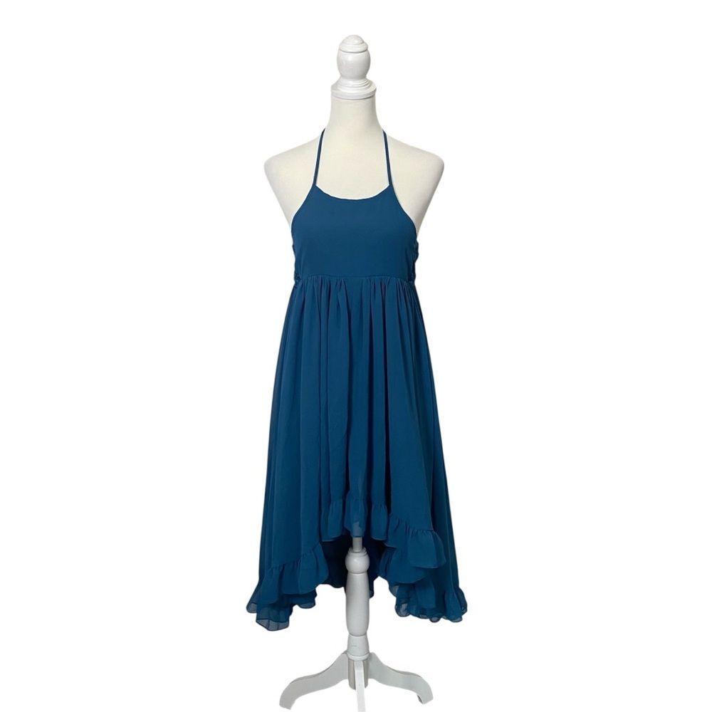 Azazie Teal Blue Chiffon High Low Halter Dress Lace Back Bridesmaid Formal Party
